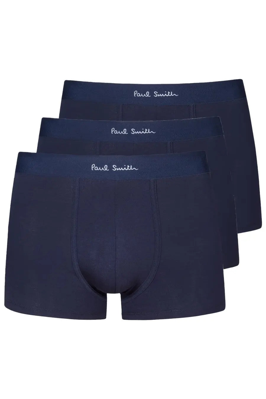 Navy blue Paul Smith men’s boxer shorts with white embroidered branding on the waistband and soft cotton fabric