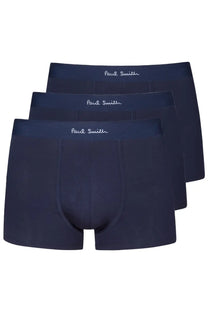 Navy blue Paul Smith men’s boxer shorts with white embroidered branding on the waistband and soft cotton fabric