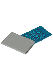 Gray leather Paul Smith men’s card holder with silver snap closure and teal sardines print card slot visible inside