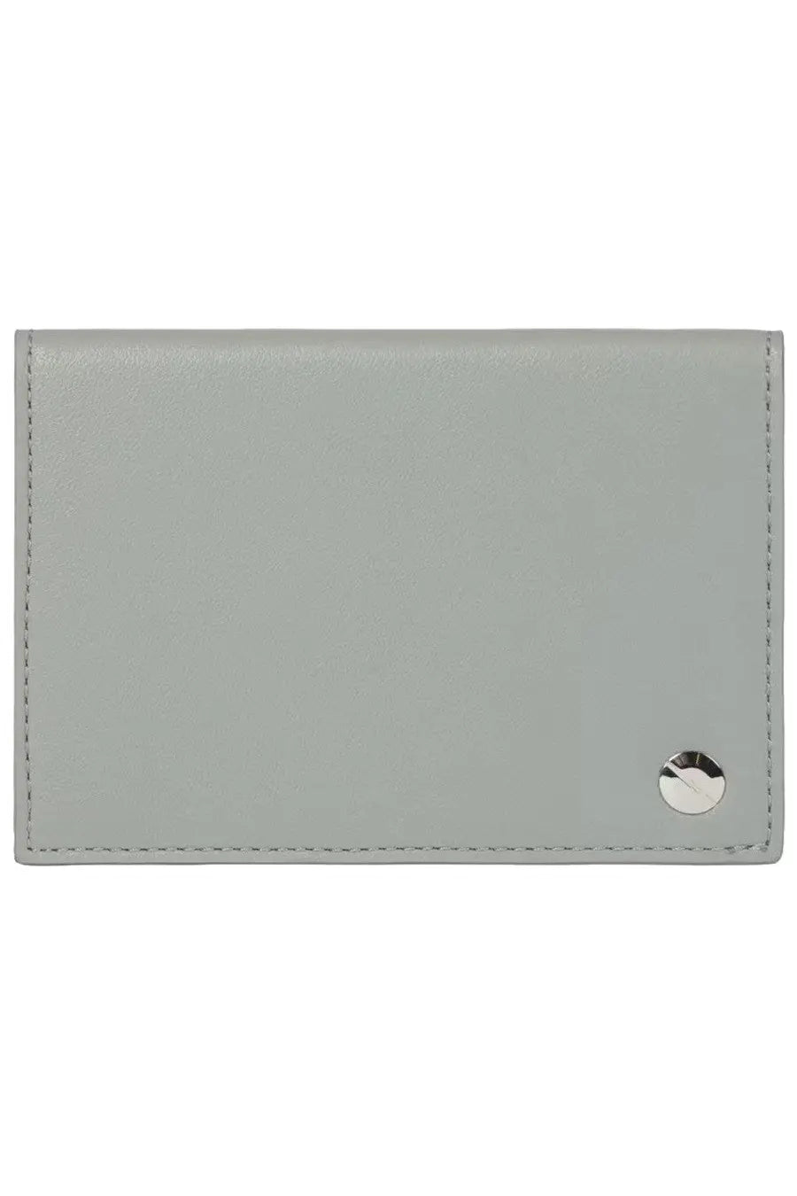 Paul Smith men’s card holder sardines grey light gray leather with subtle texture and silver circular clasp on bottom right