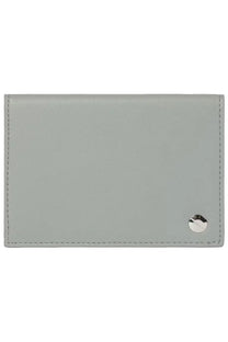 Paul Smith men’s card holder sardines grey light gray leather with subtle texture and silver circular clasp on bottom right
