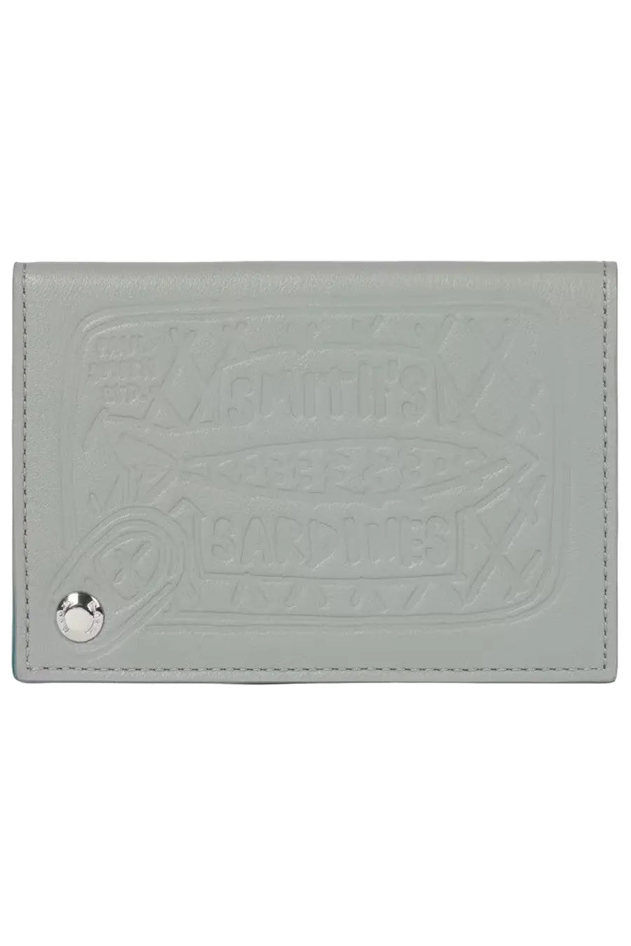 Paul smith men’s light gray leather card holder with embossed youth and gardens text design sardines grey