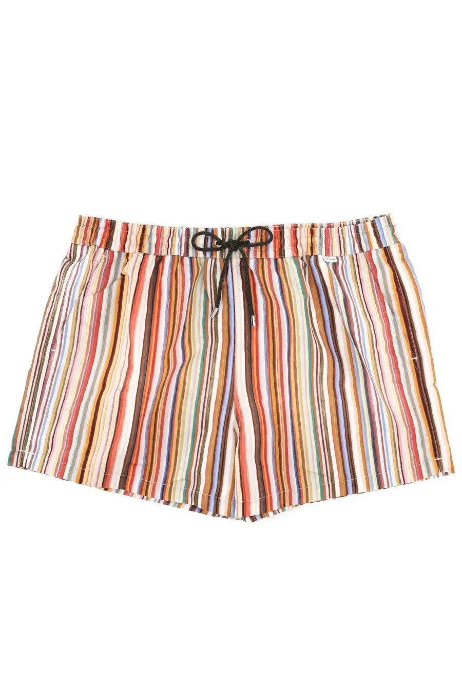Paul Smith men’s multicolor striped swim shorts with black drawstring waistband for beach and pool use
