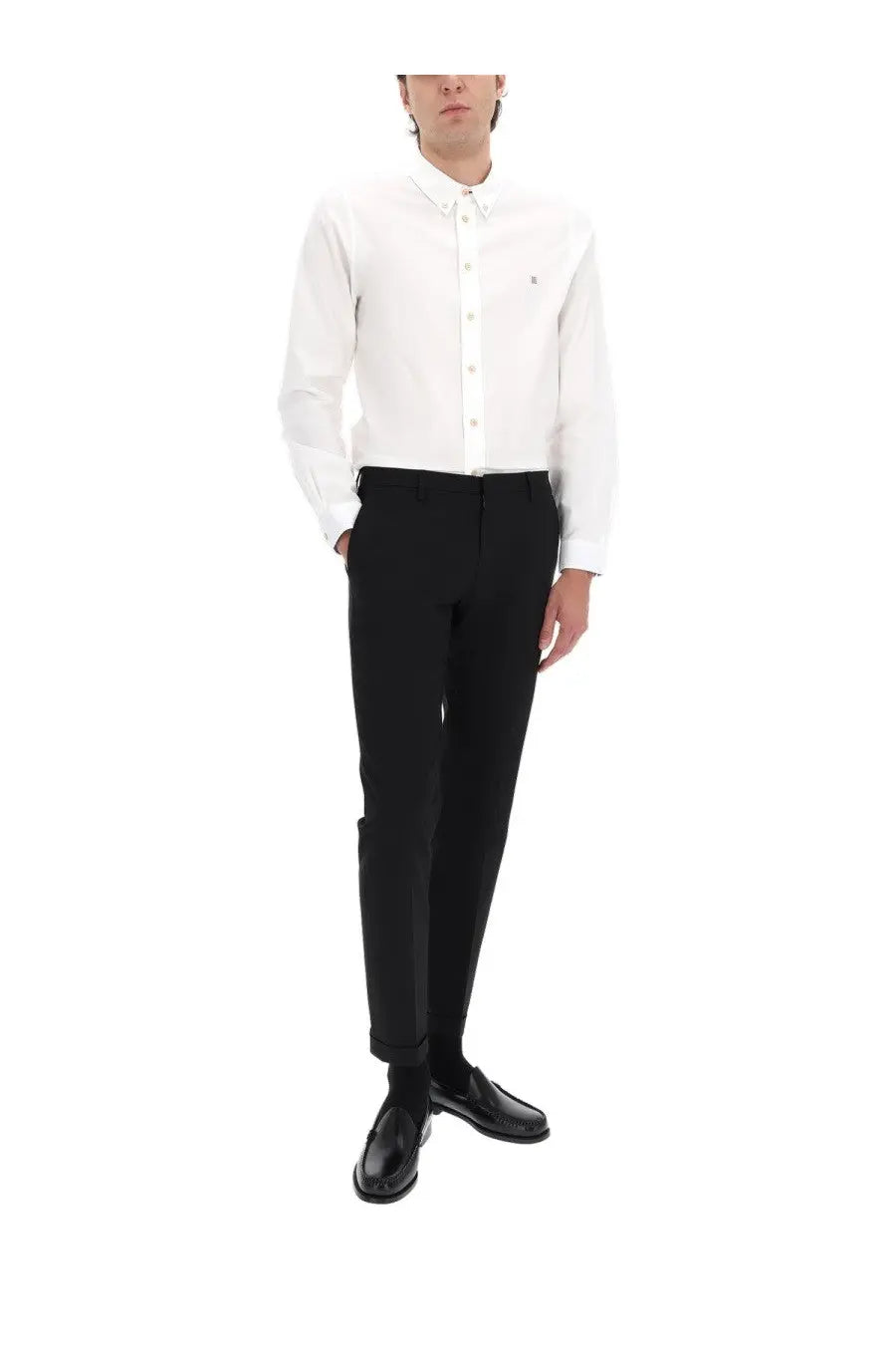 White button-down shirt with subtle logo on left chest paired with paul smith men’s black cotton tailored pants