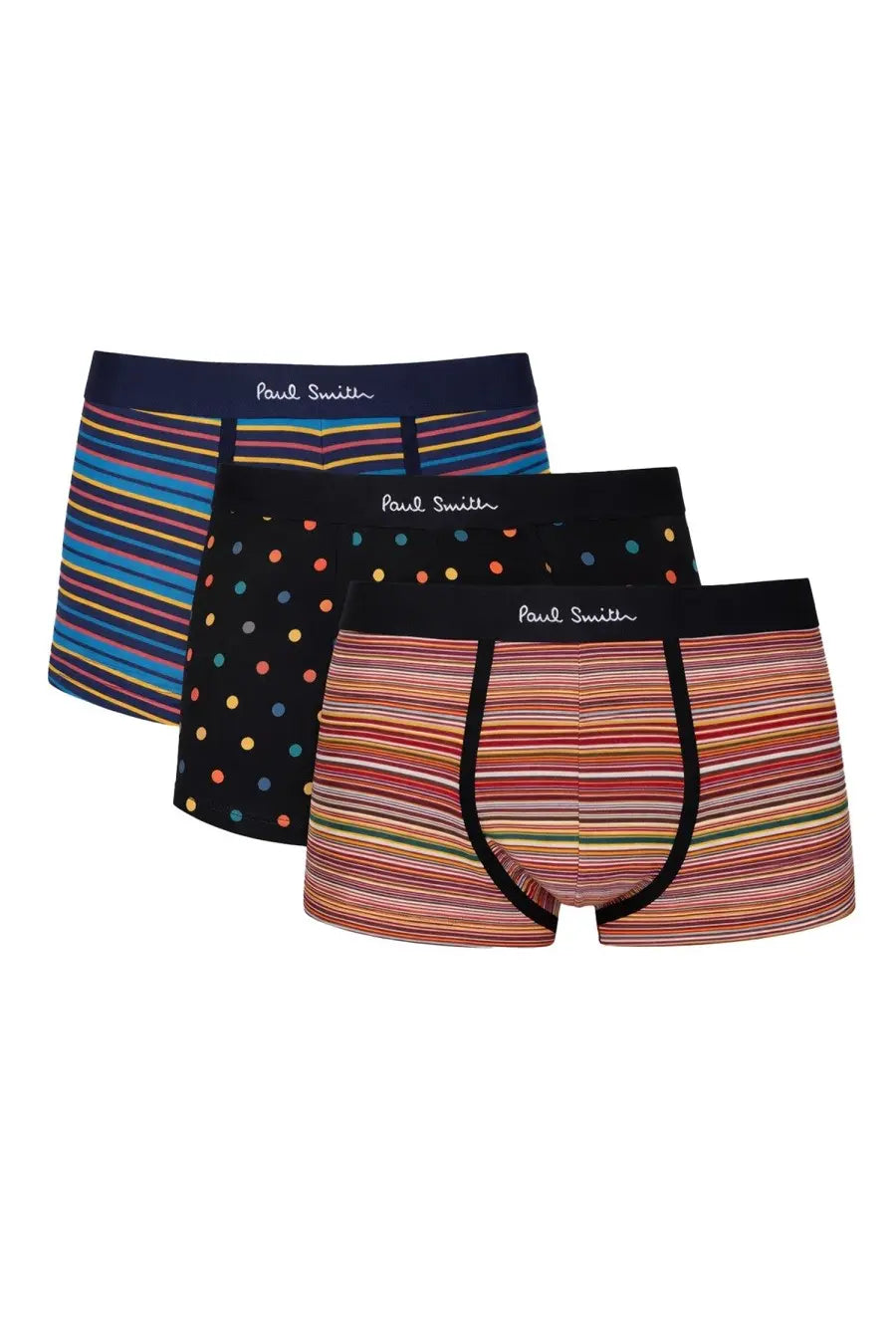 Set of three paul smith men’s boxer briefs in colorful striped and polka dot patterns with contrasting elastic waistbands