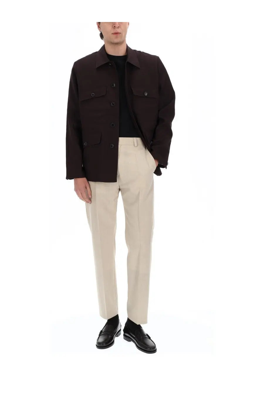 Paul Smith men Giacca Field dark brown linen utility jacket with buttoned flap pockets and classic collar