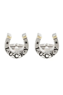 Silver horseshoe cufflinks by paul smith with black lucky lettering star accents and gold-tone tips for men