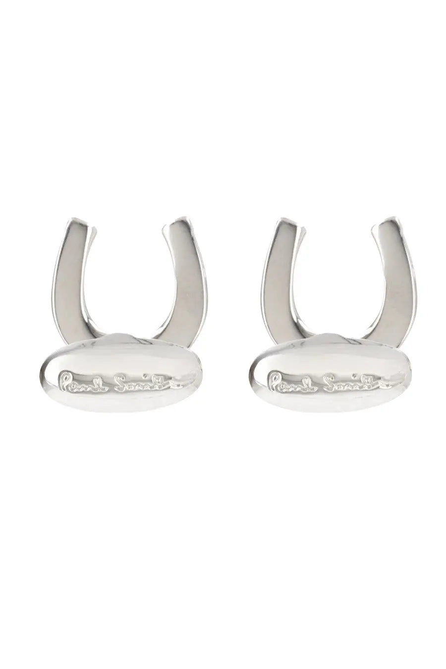 Paul Smith men’s silver horseshoe twins cufflinks with polished metallic finish and engraved branding on oval base