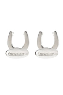 Paul Smith men’s silver horseshoe twins cufflinks with polished metallic finish and engraved branding on oval base