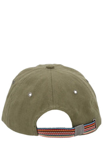 Olive green paul smith men’s linen baseball cap with colorful striped fabric strap and silver metal hardware back view