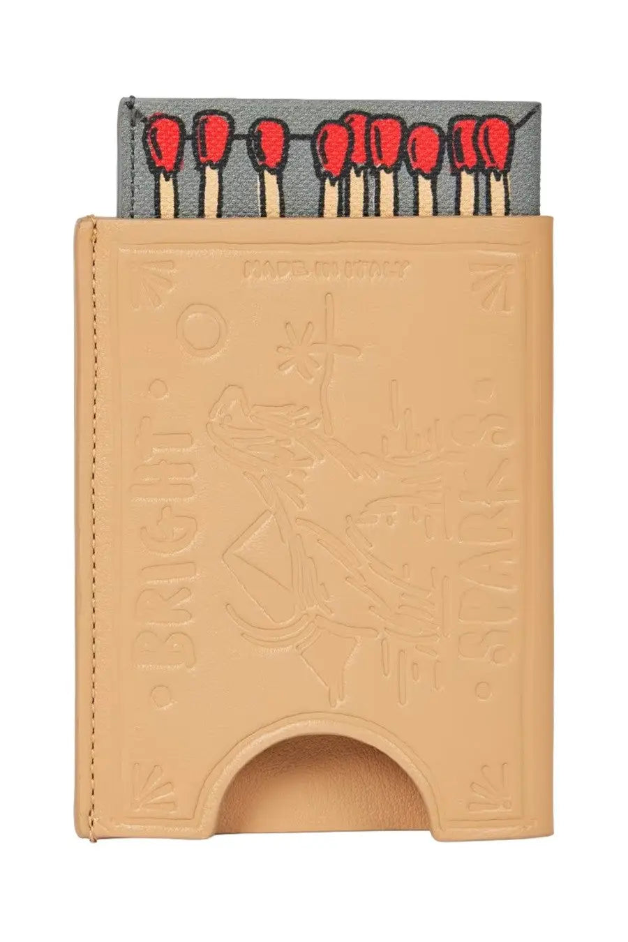 Tan leather matchbook style paul smith men’s card holder with embossed design and red and white matchstick pattern