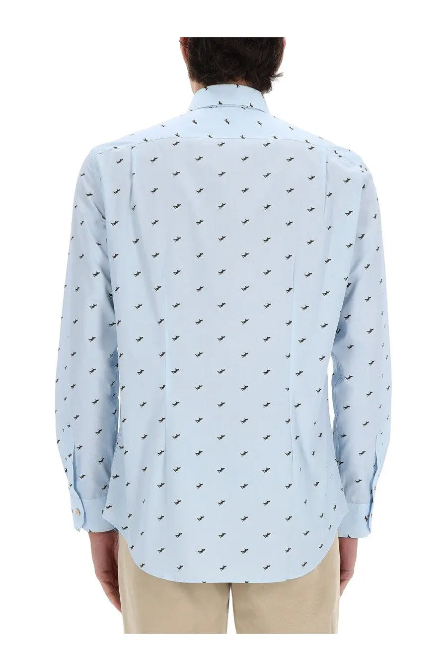 Paul Smith men’s light blue button-down shirt with subtle all-over black bird print perfect for casual wear