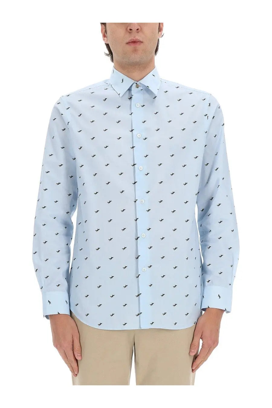 Paul Smith men’s light blue long-sleeved button-down shirt with subtle black bird pattern perfect for casual wear