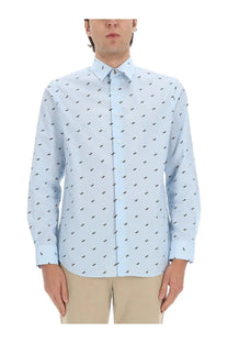 Paul Smith men’s light blue long-sleeved button-down shirt with subtle black bird pattern perfect for casual wear