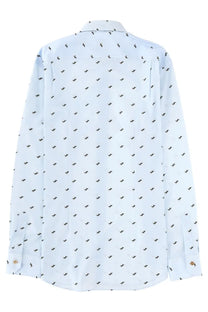Paul Smith men’s light blue long-sleeved printed shirt with subtle black bird pattern for casual or smart wear