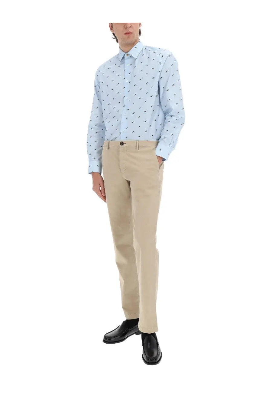 Paul Smith men’s light blue long-sleeved button-down shirt with subtle black print for casual or formal wear