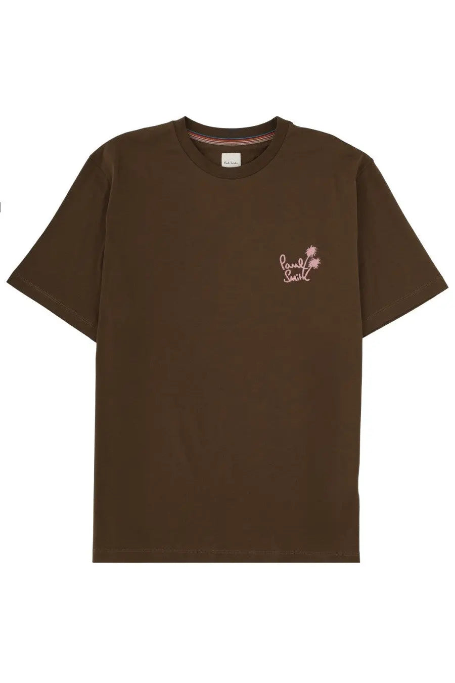 Paul Smith men’s brown short-sleeved t-shirt with small pink embroidered land and smile logo on left chest