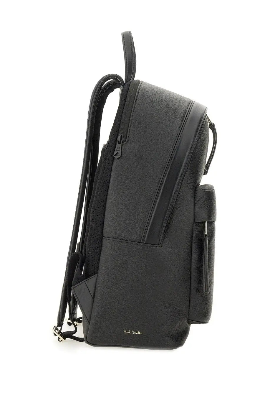 Black leather paul smith men’s signature stripe backpack with subtle texture and minimalist design shown from the back