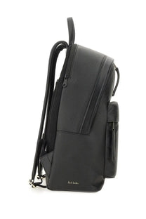 Black leather paul smith men’s signature stripe backpack with subtle texture and minimalist design shown from the back