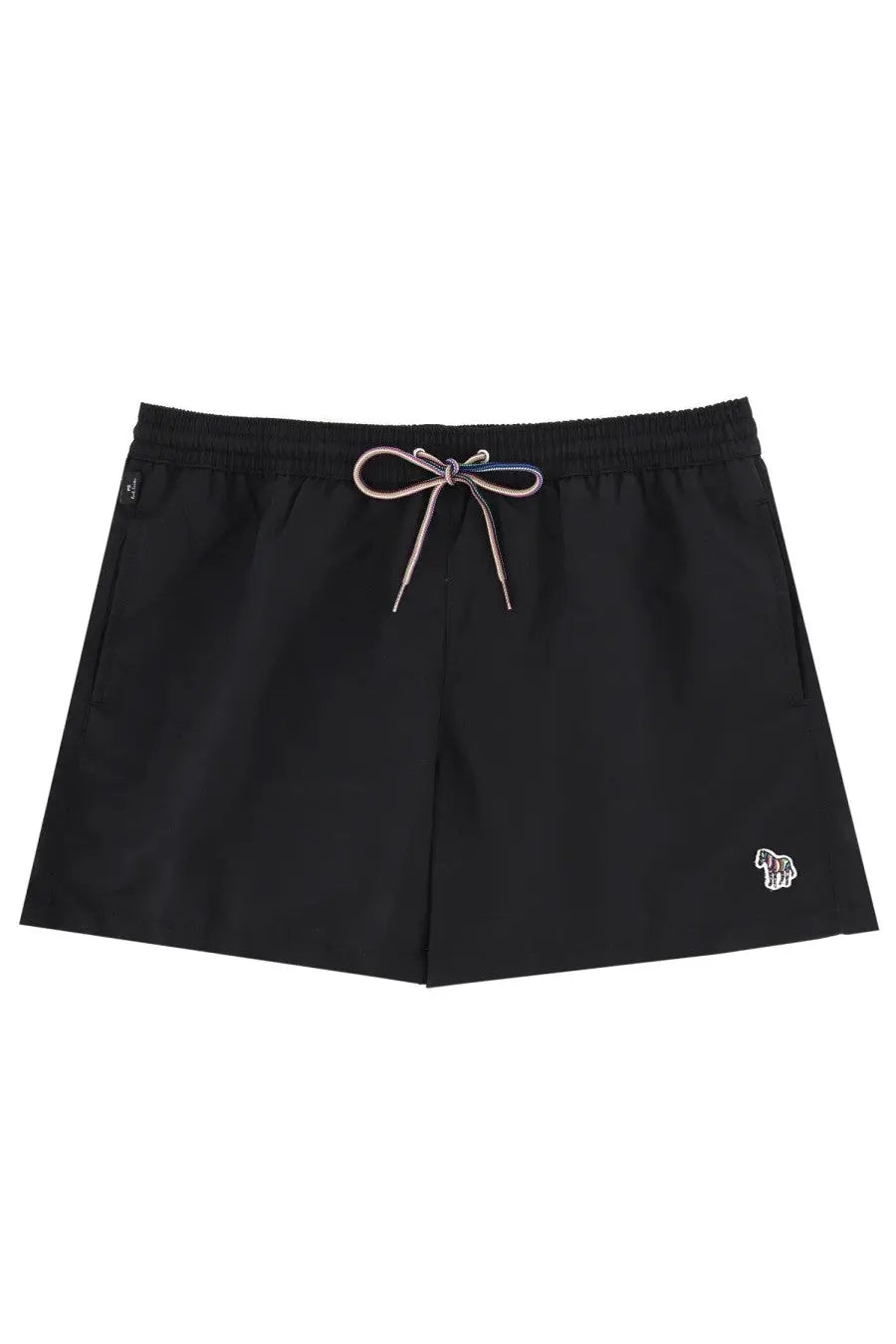 Paul Smith men’s black swim trunks with colorful drawstring and small embroidered zebra logo on lower right leg