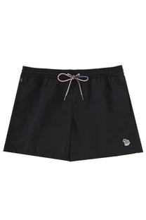 Paul Smith men’s black swim trunks with colorful drawstring and small embroidered zebra logo on lower right leg