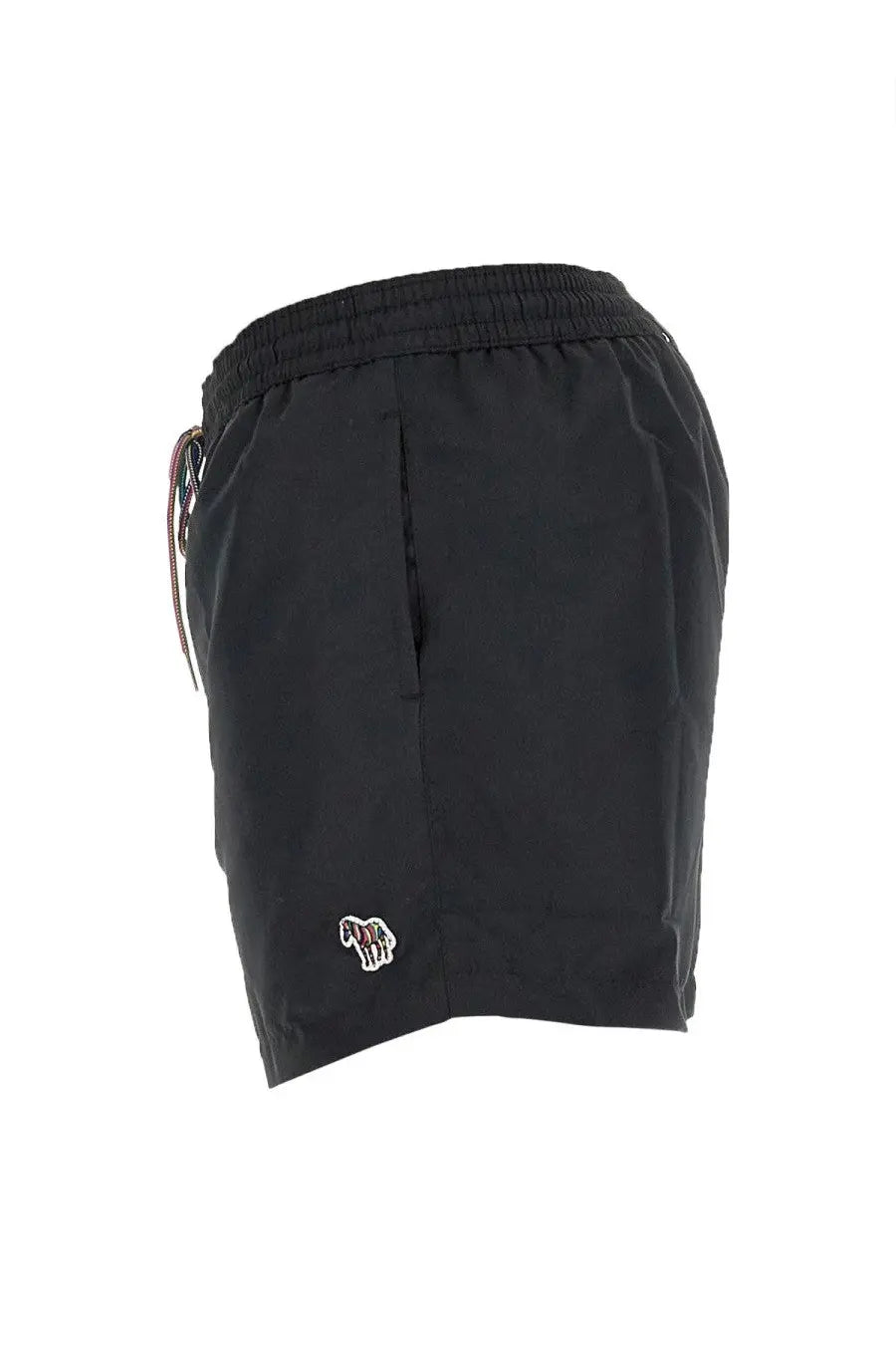 Paul Smith men’s black swim trunks with small embroidered horse logo on the lower left leg for swimming