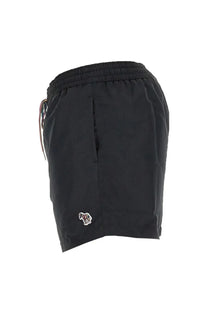 Paul Smith men’s black swim trunks with small embroidered horse logo on the lower left leg for swimming