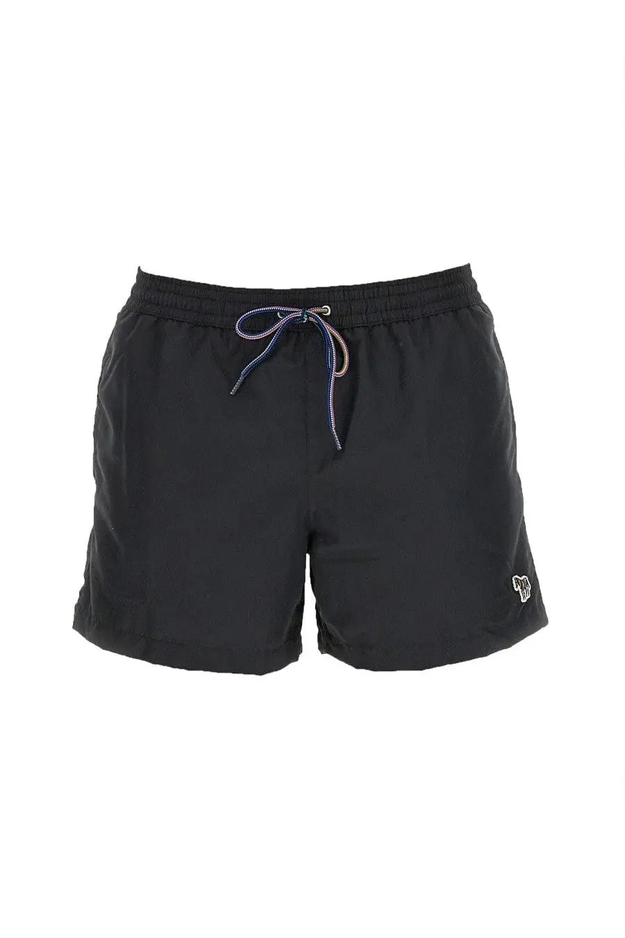 Paul Smith men’s black swim trunks with multicolored drawstring waistband and embroidered logo on lower right leg