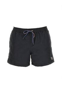 Paul Smith men’s black swim trunks with multicolored drawstring waistband and embroidered logo on lower right leg