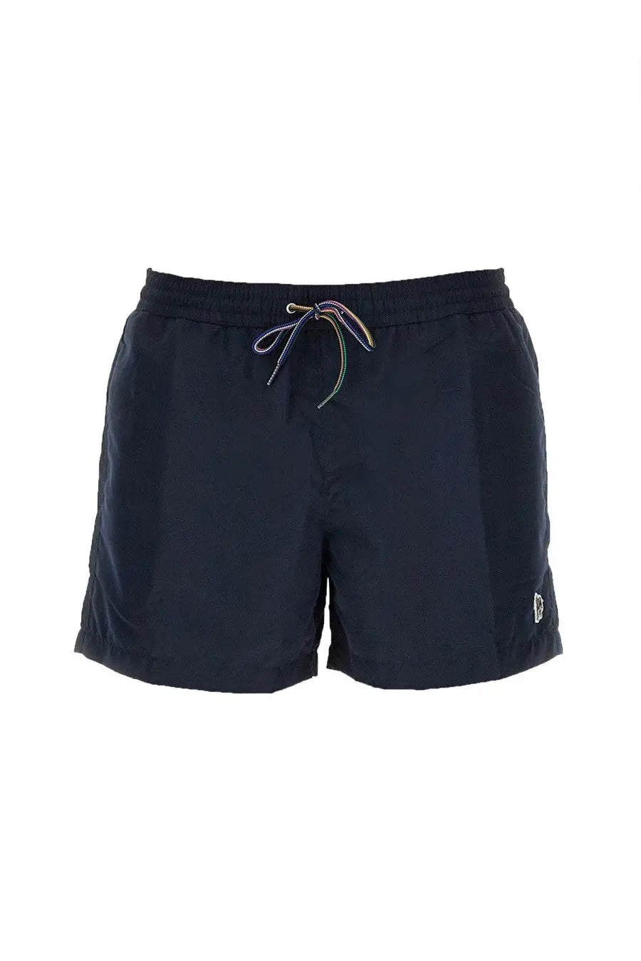 Paul Smith men’s swimsuit blue navy swim trunks with rainbow-striped drawstring and small embroidered logo on side