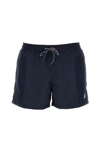 Paul Smith men’s swimsuit blue navy swim trunks with rainbow-striped drawstring and small embroidered logo on side