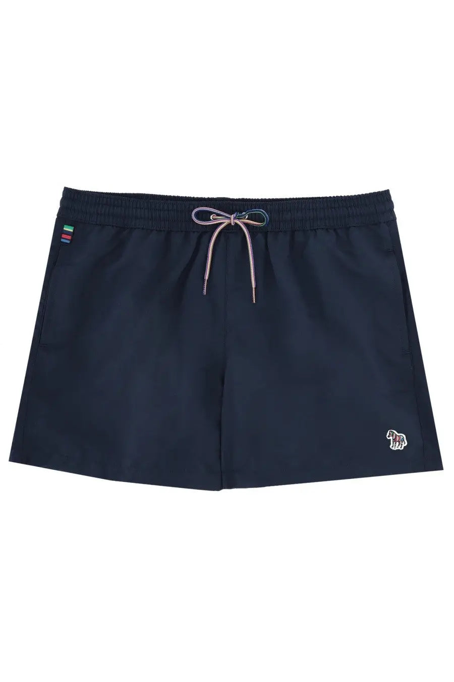 Paul Smith men’s swimsuit blue navy swim trunks with subtle striped drawstring and embroidered horse logo on lower right leg