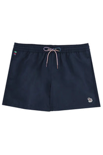 Paul Smith men’s swimsuit blue navy swim trunks with subtle striped drawstring and embroidered horse logo on lower right leg