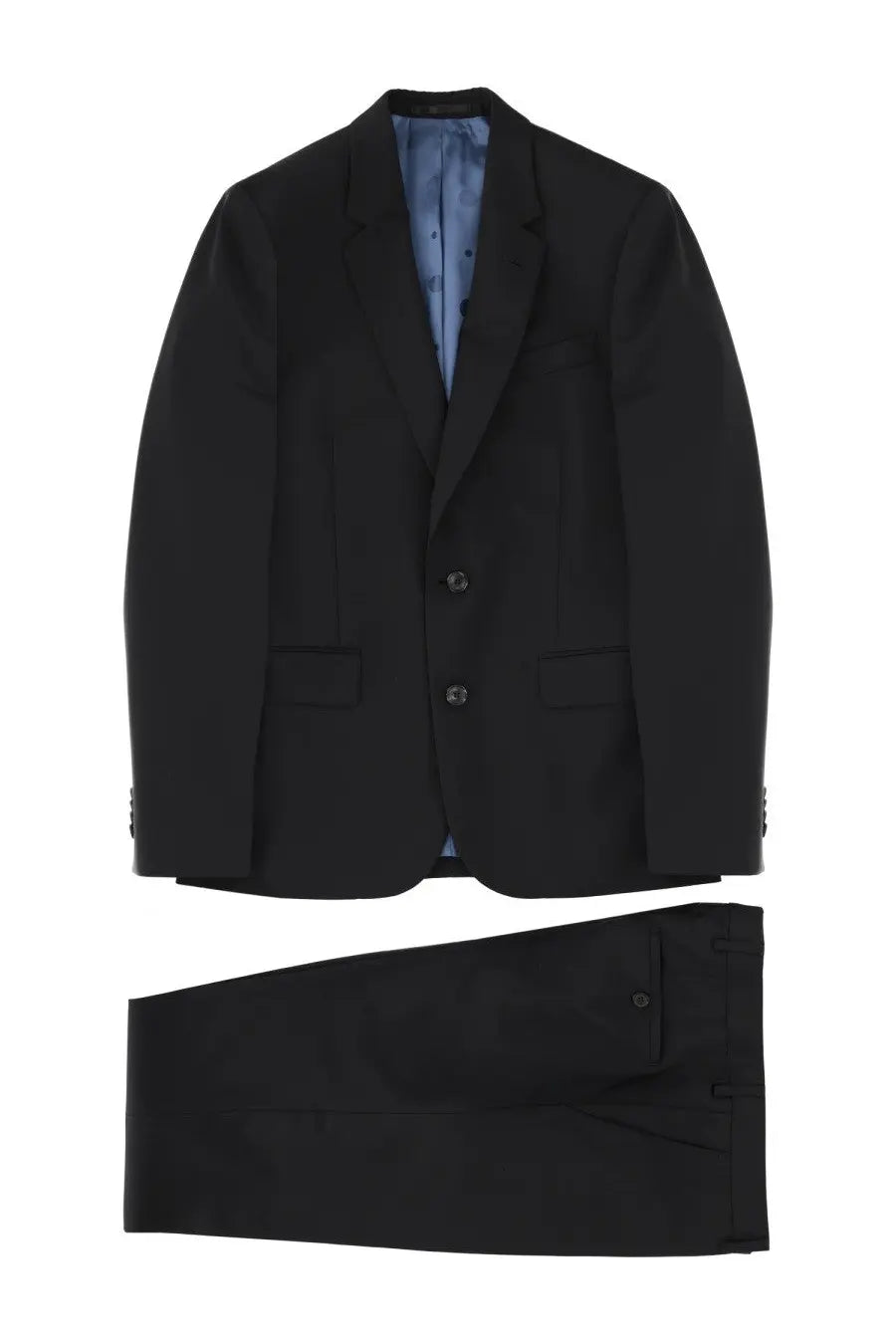 Black paul smith men’s two piece suit with tailored blazer and textured trousers featuring light blue inner lining