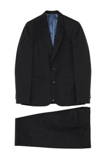 Black paul smith men’s two piece suit with tailored blazer and textured trousers featuring light blue inner lining