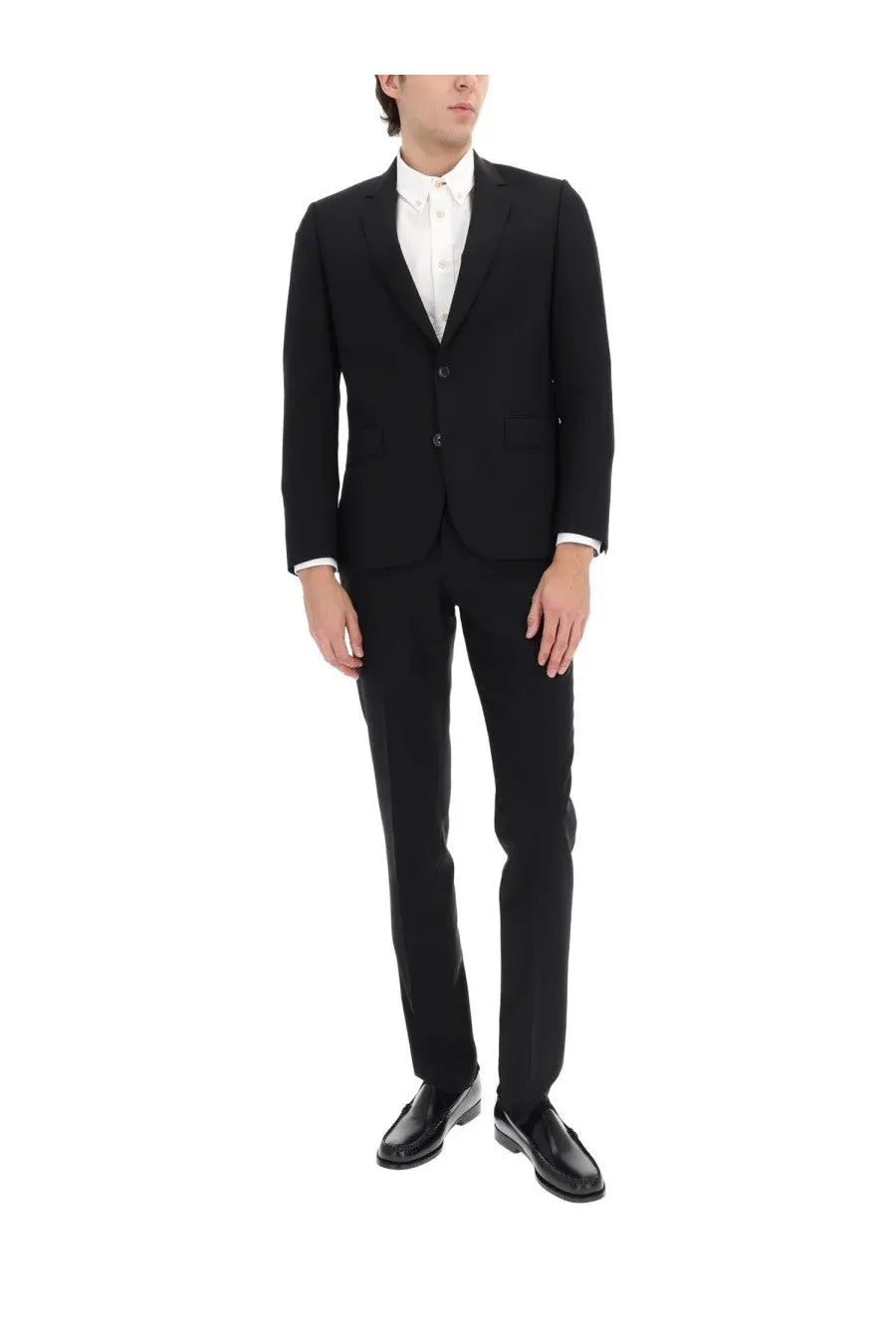 Paul Smith men’s two piece black tailored suit with three-button front and matching trousers over white dress shirt