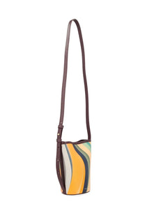 Paul Smith women’s borsa bucket swirl mini multicolor vibrant cylindrical bag with wavy pattern and dark brown leather strap