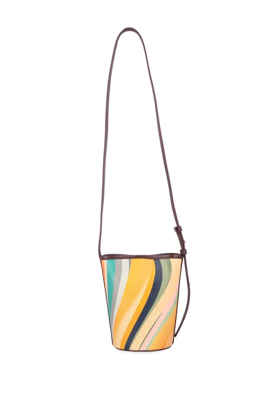 Paul Smith women’s borsa bucket swirl mini multicolor bag with yellow teal navy stripes and dark brown leather trim and strap