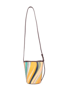 Paul Smith women’s borsa bucket swirl mini multicolor bag with yellow teal navy stripes and dark brown leather trim and strap