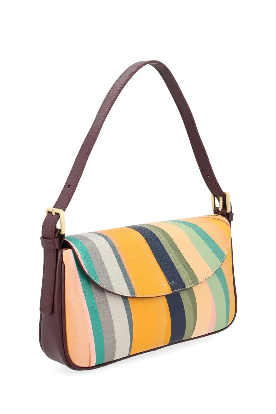 Paul Smith women’s borsa swirl multicolor vibrant striped shoulder bag with brown leather strap and gold-tone hardware