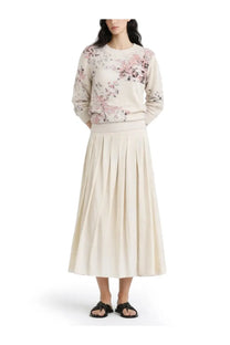 Beige pleated midi skirt with soft flowing silhouette paired with paul smith women’s multicolor cotton and mohair blend sweater