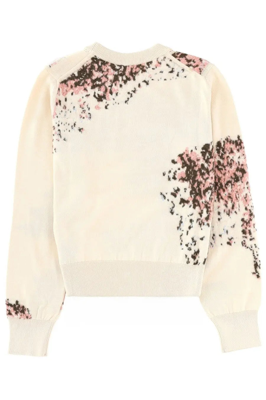 Cream-colored Paul Smith women’s cotton and mohair blend sweater with pink and black floral embroidery on shoulders and sleeves