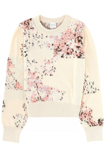 Cream-colored paul smith women’s cotton and mohair blend sweater with delicate pink and black floral pattern across body