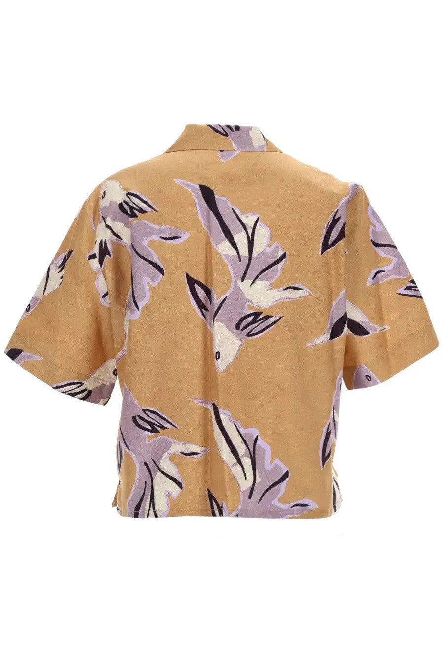A mustard-yellow paul smith women’s short-sleeved cotton and silk shirt with lavender and black bird pattern