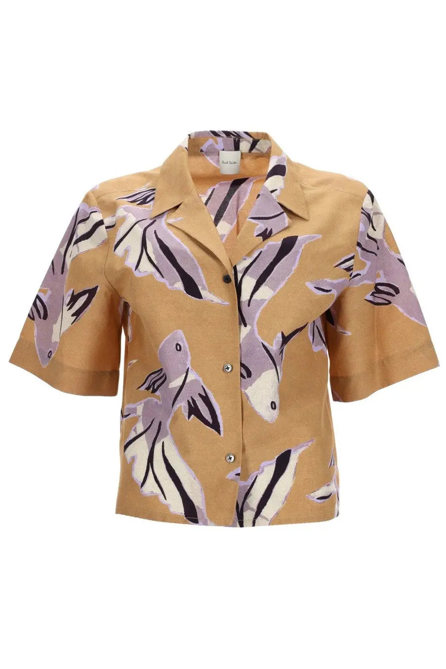 Paul Smith women’s cotton and silk tan short-sleeved shirt with vibrant purple white and black stylized fish pattern
