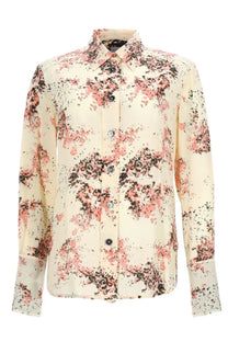 Paul Smith women’s printed shirt cream silk blouse with pink and black floral pattern and classic button-down collar