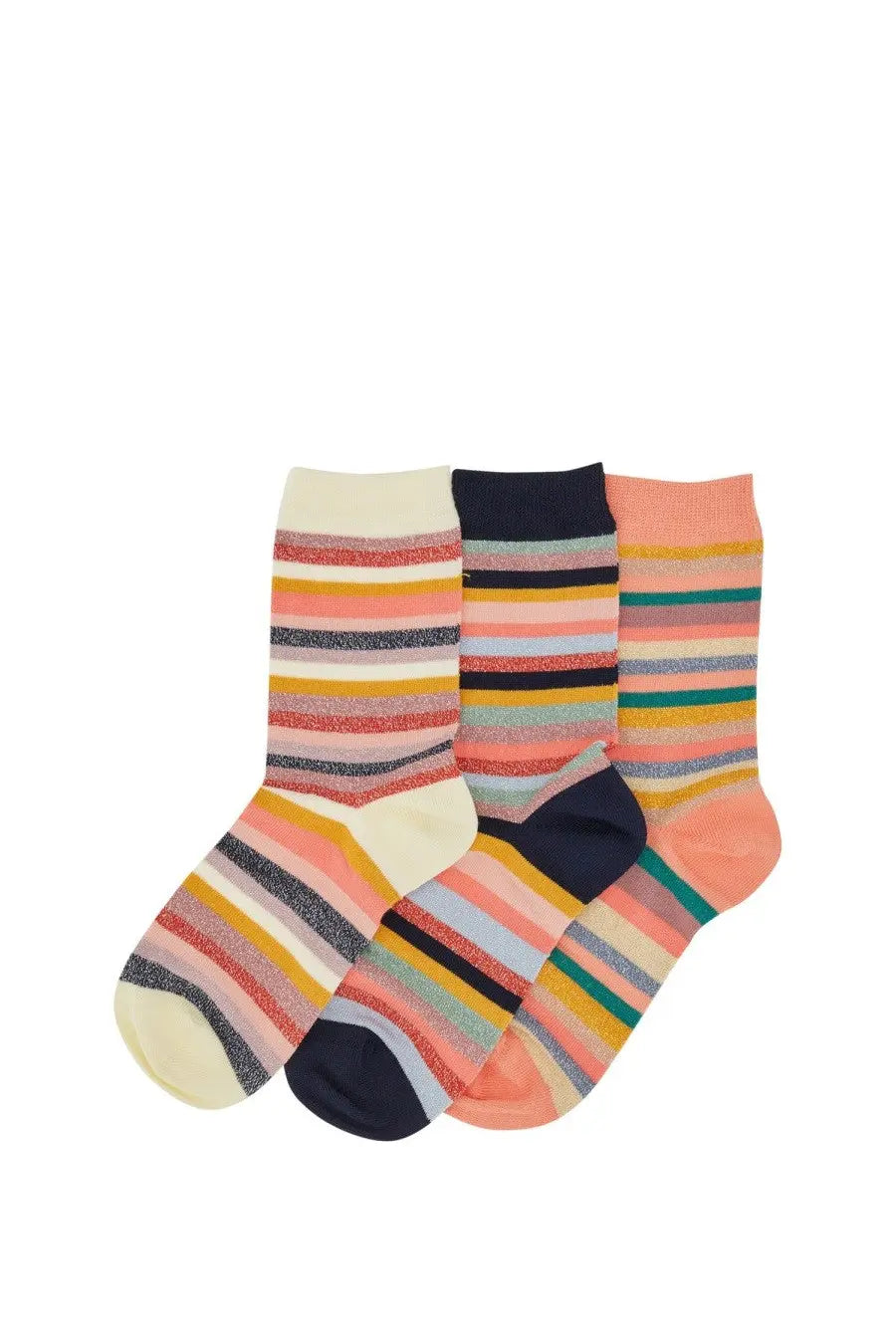 Paul Smith women’s socks set featuring multicolor signature stripe pastel and vibrant glittery bands with contrasting toe and heel