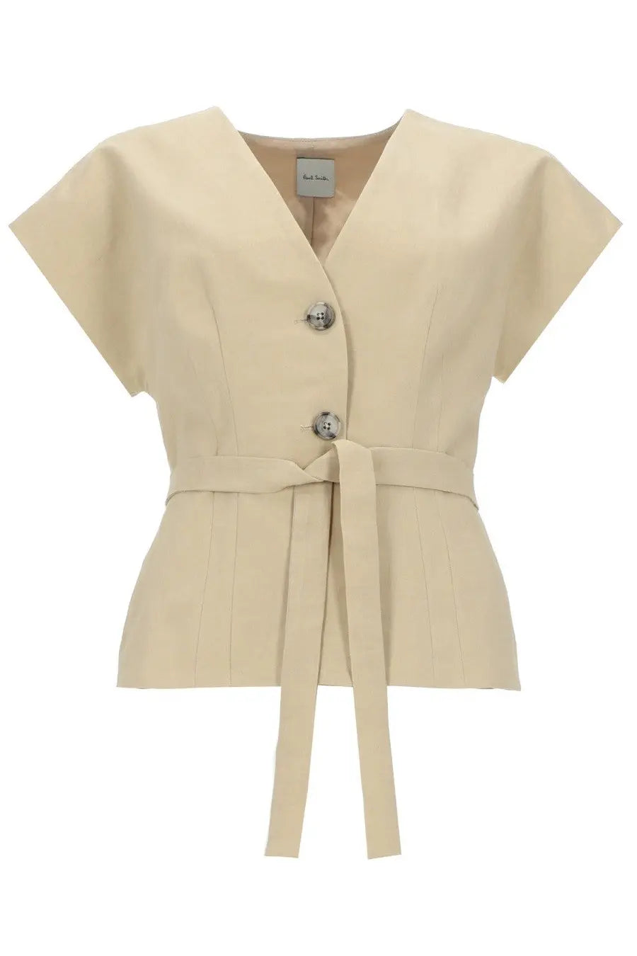 Paul Smith women’s cream linen short-sleeved blazer with v-neck, two buttons, and matching waist belt beige