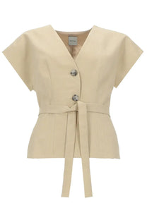 Paul Smith women’s cream linen short-sleeved blazer with v-neck, two buttons, and matching waist belt beige