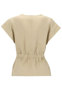 Beige short-sleeved linen top with cinched waistband by Paul Smith womenswear